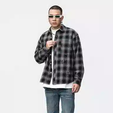赞仕 美式格子日系休闲翻领撞色口袋上衣长袖衬衫 男女同款 黑色