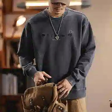 赞仕 美式复古潮牌圆领宽松水洗做旧纯棉卫衣 男女同款