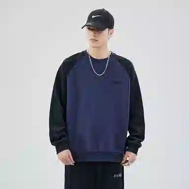 赞仕 重磅美式复古撞色拼接圆领百搭卫衣 男女同款 深蓝
