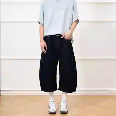 赞仕 美式复古弯刀七分牛仔短裤 男女同款