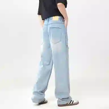 赞仕 水洗复古褪色做旧美式休闲直筒阔腿牛仔裤 男女同款 浅蓝色