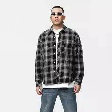 赞仕 美式格子日系休闲翻领撞色口袋上衣长袖衬衫 男女同款 黑色