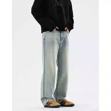 赞仕 水洗做旧直筒宽松美式复古简约牛仔裤 男款