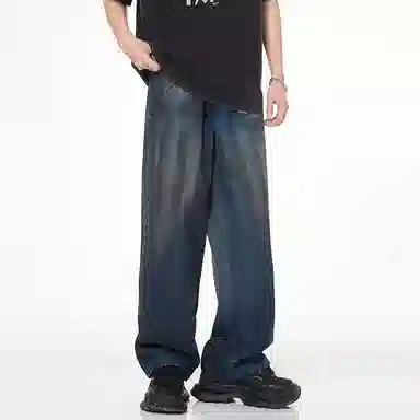 赞仕 美式高街复古水洗百搭宽松阔腿直筒拖地牛仔裤 男女同款 蓝色