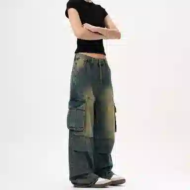 赞仕 美式复古重工做旧痞帅高街多口袋牛仔裤 男款 蓝色