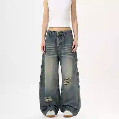 赞仕 美式水洗高街宽松直筒牛仔裤 男款 蓝色