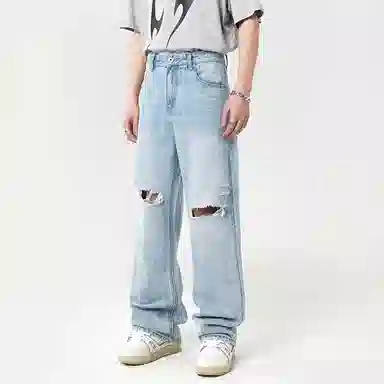 赞仕 宽松休闲直筒牛仔裤 男女同款 浅蓝色