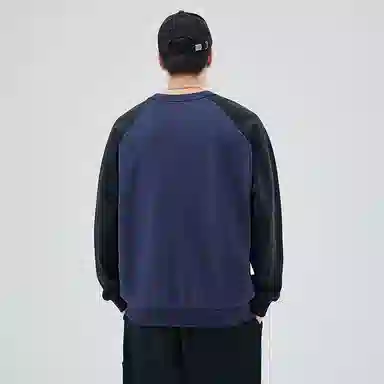 赞仕 重磅美式复古撞色拼接圆领百搭卫衣 男女同款 深蓝