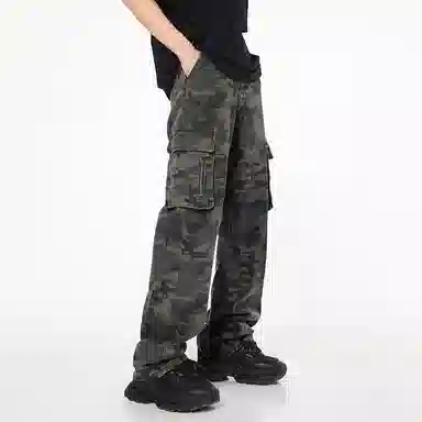 赞仕 美式复古迷彩工装拖地裤百搭高街宽松阔腿直筒加长版牛仔裤 男女同款 军绿色