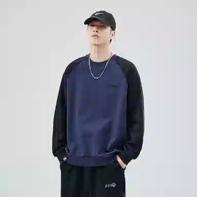 赞仕 重磅美式复古撞色拼接圆领百搭卫衣 男女同款 深蓝