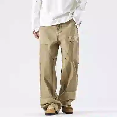 赞仕 美式高街设计感拼接铆钉男士宽松直筒牛仔裤 男款