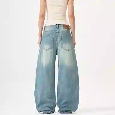 赞仕 闪电纹水洗做旧美式高街宽松阔腿牛仔裤 男款 蓝色