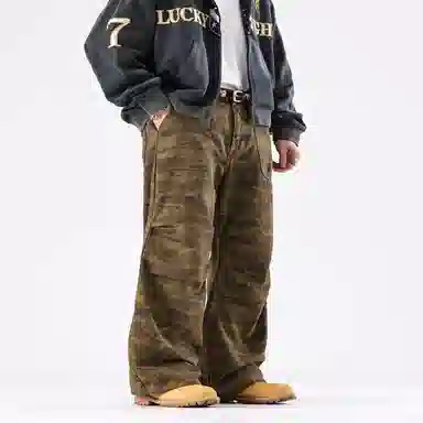 赞仕 美式高街微喇迷彩牛仔裤垂感宽松阔腿休闲长裤子工装裤 男女同款