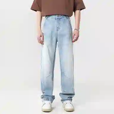 赞仕 纯色拉链宽松直筒牛仔裤 男女同款 浅蓝色