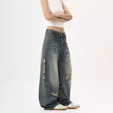 赞仕 美式水洗高街宽松直筒牛仔裤 男款 蓝色