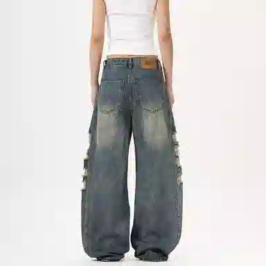 赞仕 美式水洗高街宽松直筒牛仔裤 男款 蓝色