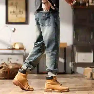 赞仕 美式复古水洗做旧宽松直筒牛仔裤 男女同款 蓝色