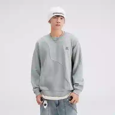 赞仕 重磅美式复古拼接圆领潮牌卫衣 男女同款 浅灰