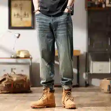 赞仕 美式复古水洗做旧宽松直筒牛仔裤 男女同款 蓝色