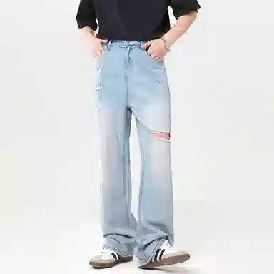 赞仕 水洗复古褪色做旧美式休闲直筒阔腿牛仔裤 男女同款 浅蓝色
