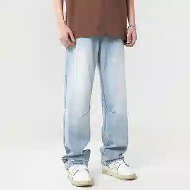 赞仕 纯色拉链宽松直筒牛仔裤 男女同款 浅蓝色