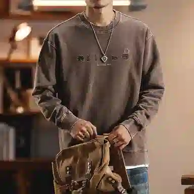 赞仕 美式复古潮牌圆领宽松水洗做旧纯棉卫衣 男女同款