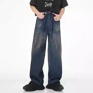 赞仕 美式高街复古水洗百搭宽松阔腿直筒拖地牛仔裤 男女同款 蓝色