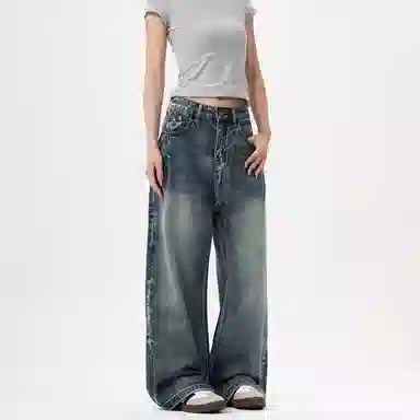 赞仕 美式复古水洗设计感宽松阔腿牛仔裤 男款 蓝色