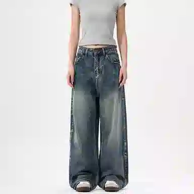 赞仕 美式复古水洗设计感宽松阔腿牛仔裤 男款 蓝色