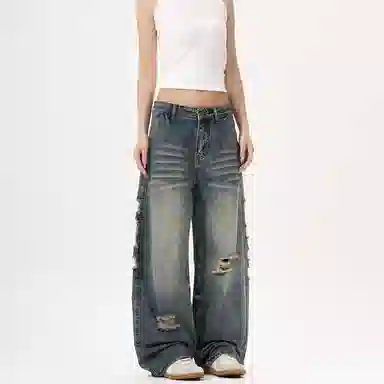 赞仕 美式水洗高街宽松直筒牛仔裤 男款 蓝色