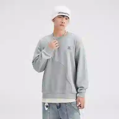 赞仕 重磅美式复古拼接圆领潮牌卫衣 男女同款 浅灰