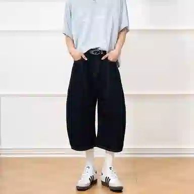 赞仕 美式复古弯刀七分牛仔短裤 男女同款