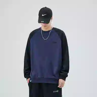 赞仕 重磅美式复古撞色拼接圆领百搭卫衣 男女同款 深蓝