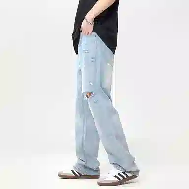 赞仕 水洗复古褪色做旧美式休闲直筒阔腿牛仔裤 男女同款 浅蓝色