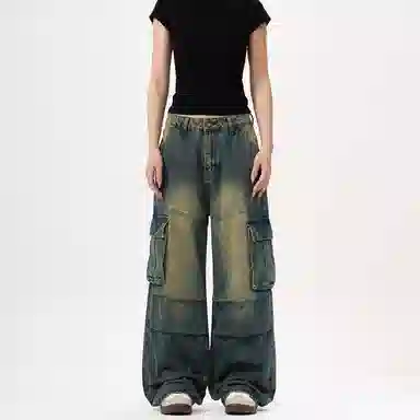 赞仕 美式复古重工做旧痞帅高街多口袋牛仔裤 男款 蓝色