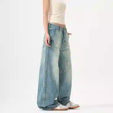 赞仕 闪电纹水洗做旧美式高街宽松阔腿牛仔裤 男款 蓝色