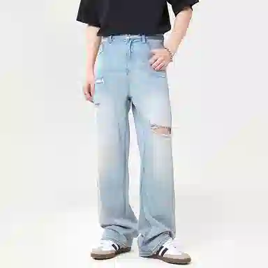 赞仕 水洗复古褪色做旧美式休闲直筒阔腿牛仔裤 男女同款 浅蓝色