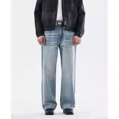 赞仕 夏季薄款直筒男士美式高街天空蓝水洗做旧宽松长裤牛仔裤 男款