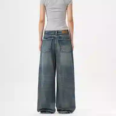 赞仕 美式复古水洗设计感宽松阔腿牛仔裤 男款 蓝色