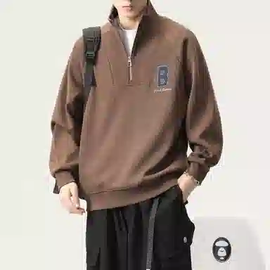 赞仕 重磅美式拉链立领套头植绒字母图案宽松潮流卫衣 男女同款