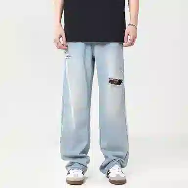赞仕 水洗复古褪色做旧美式休闲直筒阔腿牛仔裤 男女同款 浅蓝色