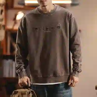 赞仕 美式复古潮牌圆领宽松水洗做旧纯棉卫衣 男女同款