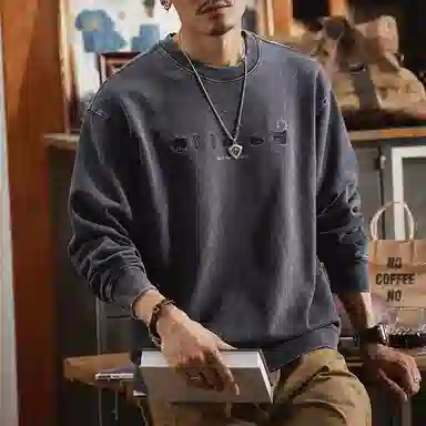 赞仕 美式复古潮牌圆领宽松水洗做旧纯棉卫衣 男女同款