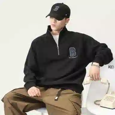 赞仕 重磅美式拉链立领套头植绒字母图案宽松潮流卫衣 男女同款