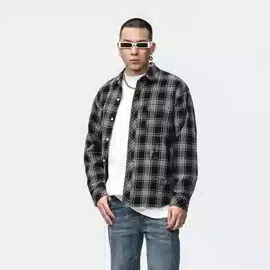 赞仕 美式格子日系休闲翻领撞色口袋上衣长袖衬衫 男女同款 黑色