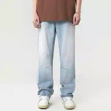 赞仕 纯色拉链宽松直筒牛仔裤 男女同款 浅蓝色