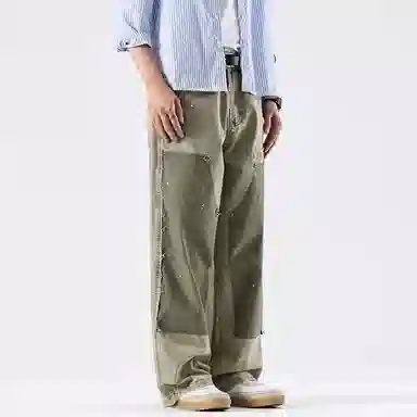 赞仕 美式高街设计感拼接铆钉男士宽松直筒牛仔裤 男款