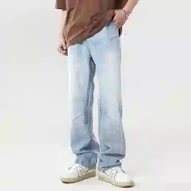 赞仕 纯色拉链宽松直筒牛仔裤 男女同款 浅蓝色