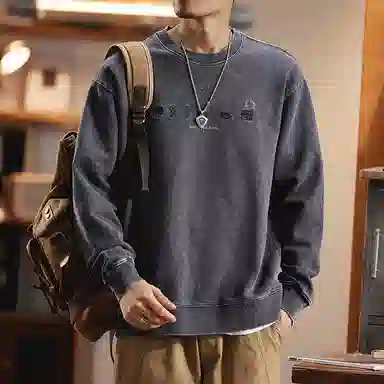 赞仕 美式复古潮牌圆领宽松水洗做旧纯棉卫衣 男女同款