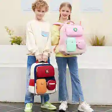 冠军小熊 减负轻便拼色 斜纹布 学生包 大号 儿童款 粉色/红色/绿色